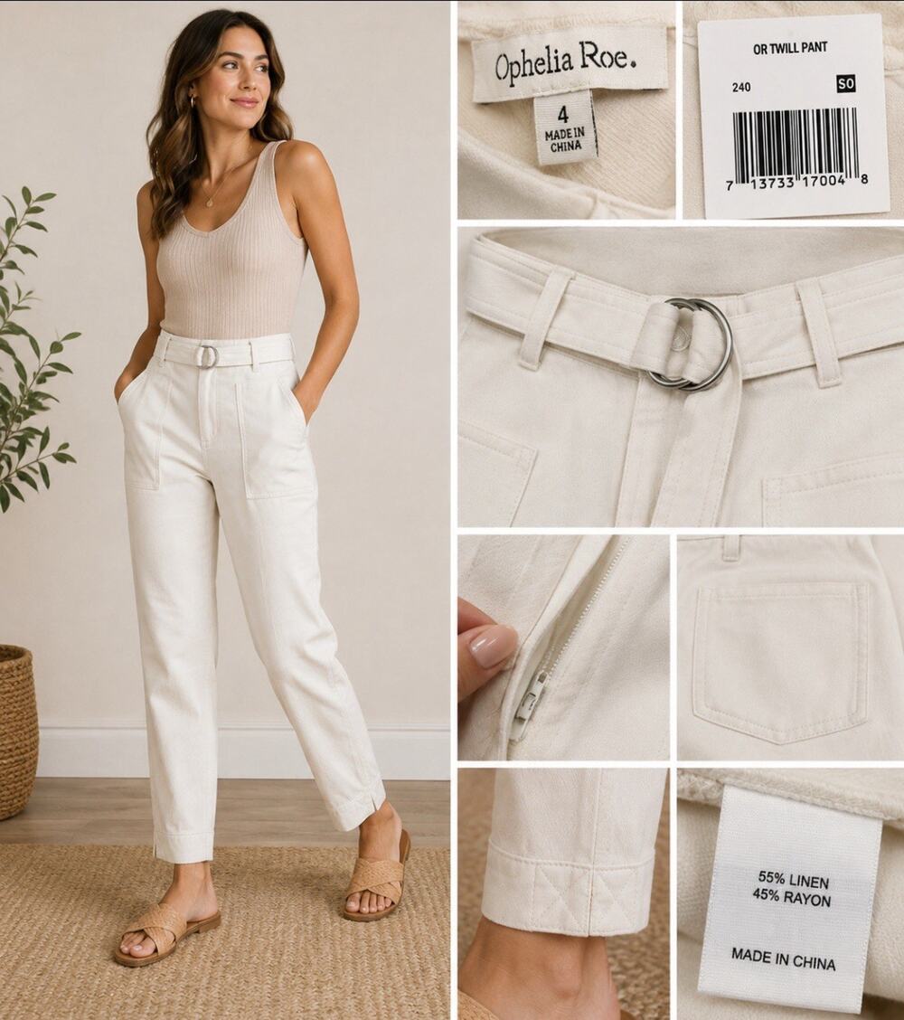 NWT Casual Career Office Ophelia Roe Women's Belted Ankle Pants Sz 4 Ivory Twill